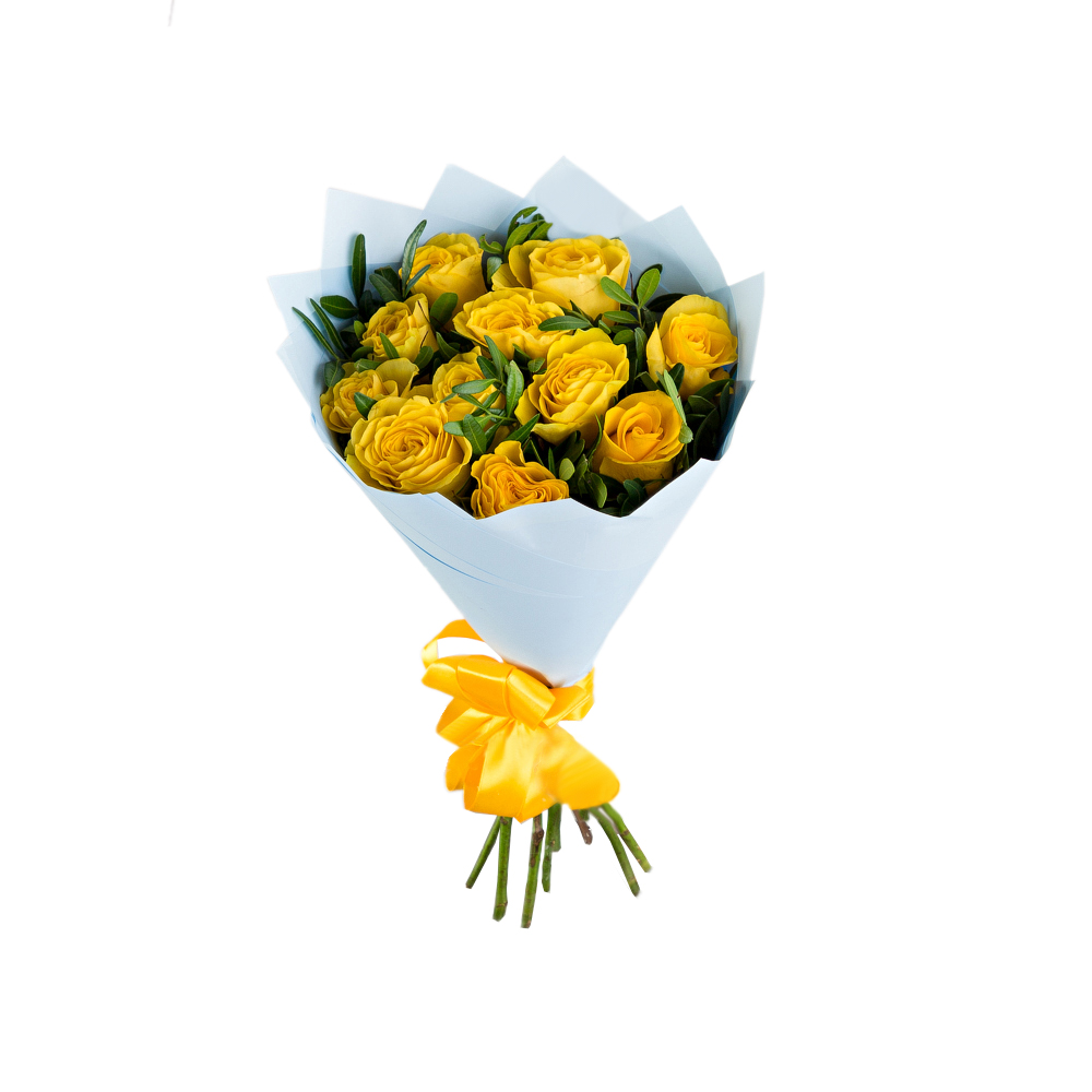 Букет из 11 желтых роз с зеленью