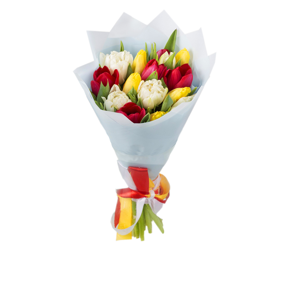 15 разноцветных тюльпанов