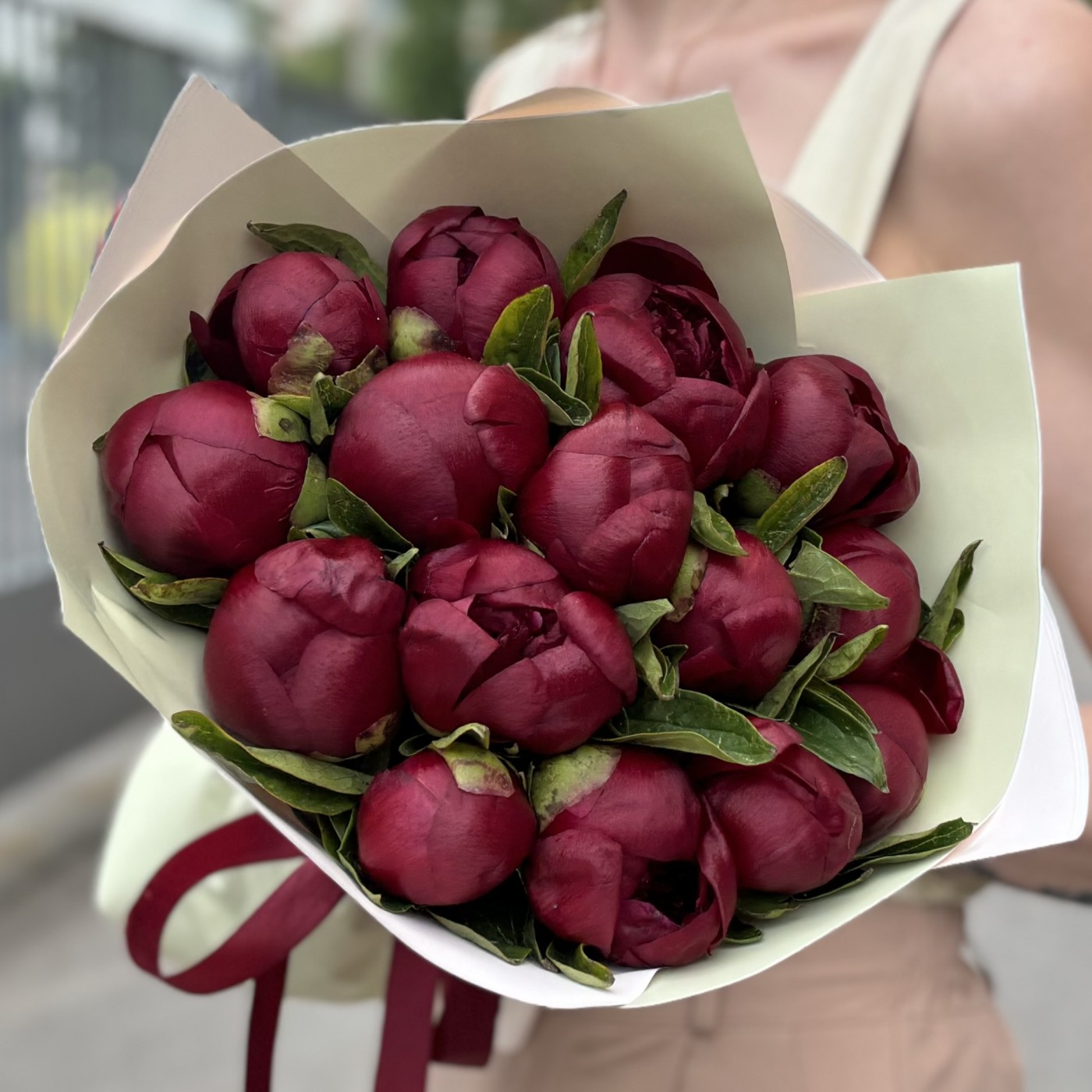 Букет из 15 бордовых пионов