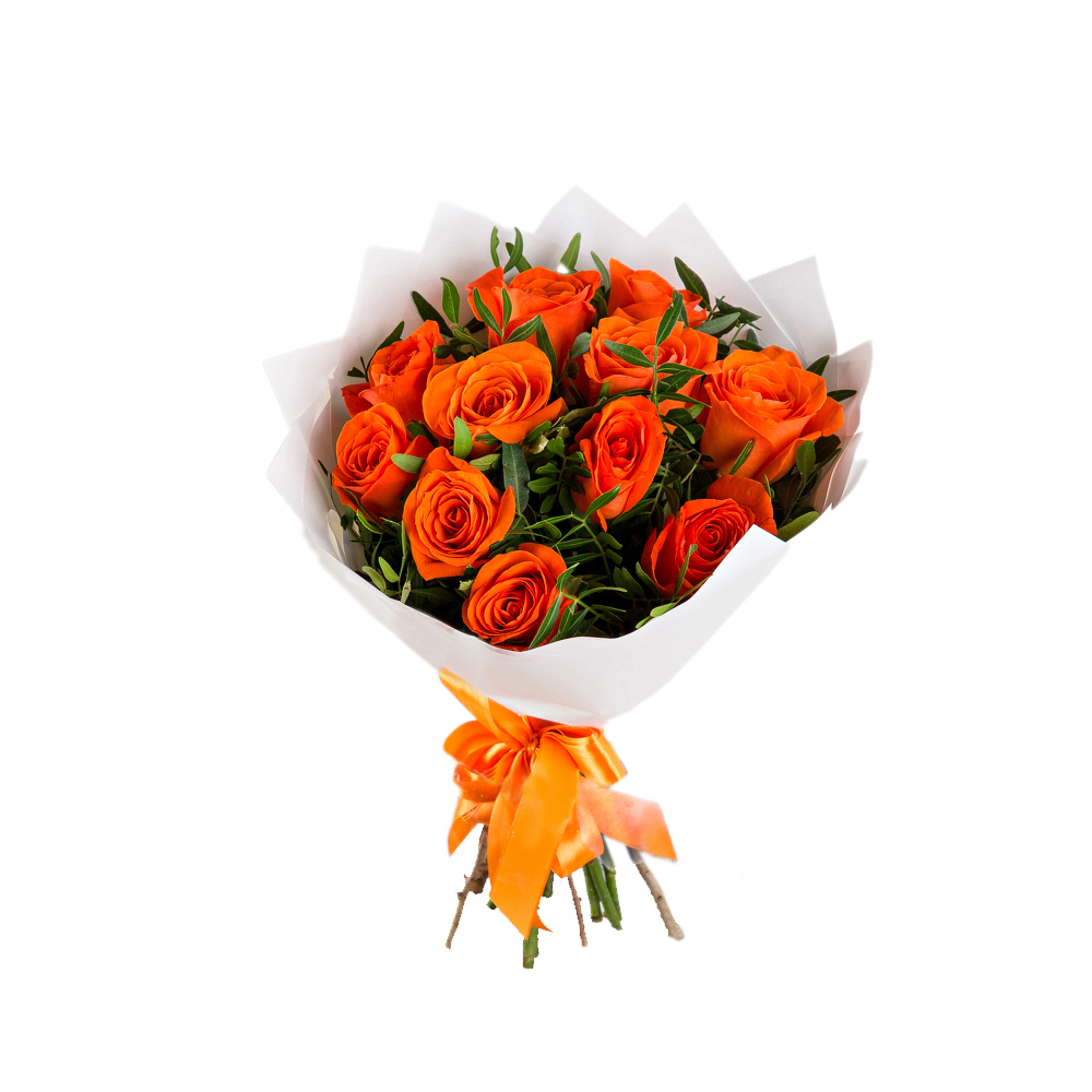 Букет из 11 оранжевых роз с зеленью
