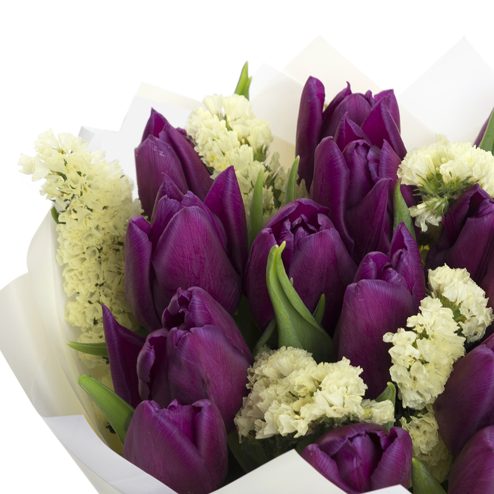 15 сиреневых тюльпанов со статицей