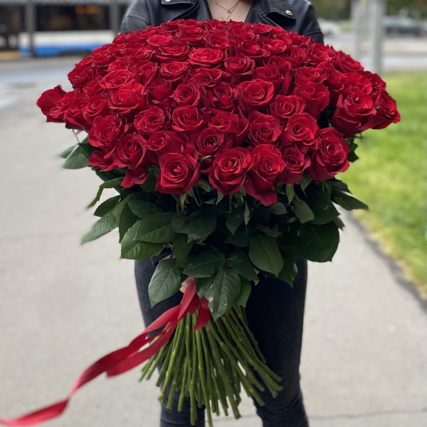 101 красная роза Premium 80 см.